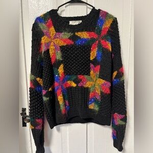 Vintage Knitting needles Hand Knit Quilt Pattern Fuzzy Crewneck sweater size M